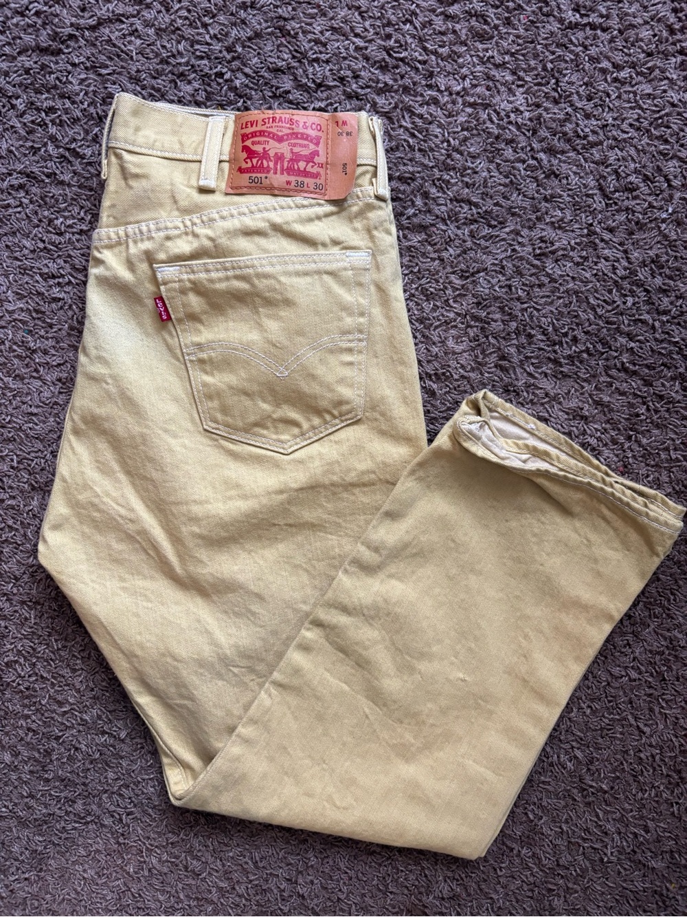 Levis 501 Jeans Mens Mustard Yellow Denim Button Fly Straight Leg 38/30